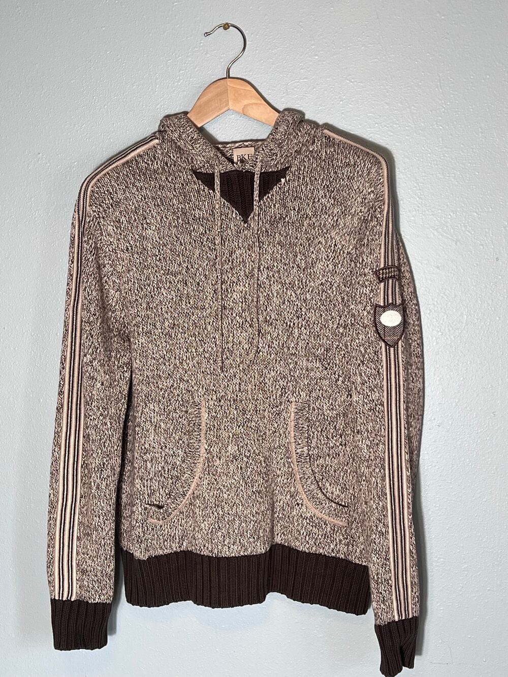 BKE Heavy Knit Brown Mens L Hooded Sweater Patches Preppy Y2K Academia Cotton